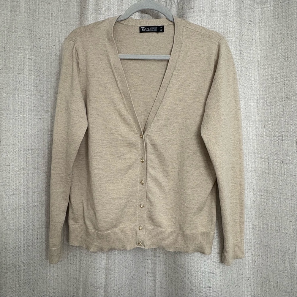 7th Avenue Design Studio Women’s Tan Gold Sparkle Button V Neck Cardigan Size L